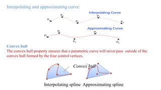 Interpolating and approximating curve:
Interpolating spline Approximating spline
Convex hull
The convex hull property ensures that a parametric curve will never pass outside of the
convex hull formed by the four control vertices.
Convex hull
 