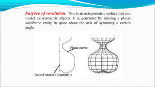 Surface of revolution. This is an axisymmetric surface that can
model axisymmetric objects. It is generated by rotating a planar
wireframe entity in space about the axis of symmetry a certain
angle.
 