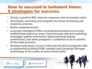 How to succeed in turbulent times: 5 strategies for success. Create a positive ROI, improve response and conversion rates. Accelerate, automate and integrate the direct marketing and response process. Build a powerful brand. Leverage Intelligent PURLs to build personalized one-to-one relationships based on trust. Communicate relevant marketing messages, gather information about personal buying preferences, and allow prospects / customers to be in control of the sales process. Develop multi-touch across multi-channel direct programs with a relationship-building PURL website and Campaign Manager technology at the center of every direct tactic. 