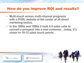 Multi-touch across multi-channel programs  with a PURL website at the center of all direct marketing tactics. In the 1980s and 1990s it took 4-5 sales calls to convert a prospect into a new customer…today, it’s closer to 10-12 sales touch points. How do you improve ROI and results? 