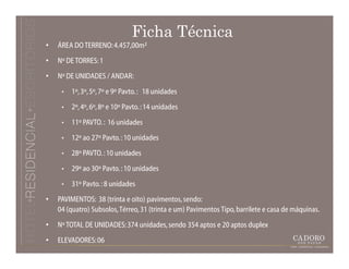 Ficha Técnica
•   ÁREA DO TERRENO: 4.457,00m²
•   Nº DE TORRES: 1
•   Nº DE UNIDADES / ANDAR:
     •   1º, 3º, 5º, 7º e 9º Pavto. : 18 unidades
     •   2º, 4º, 6º, 8º e 10º Pavto. : 14 unidades
     •   11º PAVTO. : 16 unidades
     •   12º ao 27º Pavto. : 10 unidades
     •   28º PAVTO. : 10 unidades
     •   29º ao 30º Pavto. : 10 unidades
     •   31º Pavto. : 8 unidades
•   PAVIMENTOS: 38 (trinta e oito) pavimentos, sendo:
    04 (quatro) Subsolos, Térreo, 31 (trinta e um) Pavimentos Tipo, barrilete e casa de máquinas.
•   Nº TOTAL DE UNIDADES: 374 unidades, sendo 354 aptos e 20 aptos duplex
•   ELEVADORES: 06
 