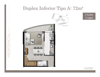 Duplex Inferior Tipo A: 72m²
                               2 Suítes
                               2 vagas
 