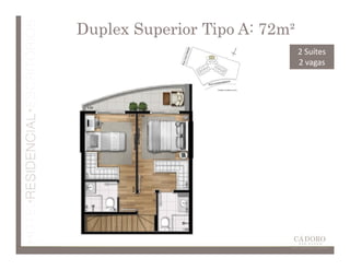 Duplex Superior Tipo A: 72m²
                               2 Suítes
                               2 vagas
 