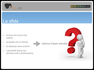 La sfida
๏ la luce non è poi così
veloce...
๏ la banda non è infinita
๏ le distanze sono enormi
๏ i pacchetti tcp/ip non
arrivano tutti a destinazione
latenza troppo elevata
 