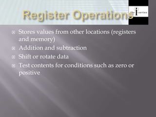  Stores values from other locations (registers
and memory)
 Addition and subtraction
 Shift or rotate data
 Test contents for conditions such as zero or
positive
 