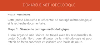 DEMARCHE METHODOLOGIQUE
PHASE 1 : PREPARATOIRE
Cette phase comprend la rencontre de cadrage méthodologique,
et la recherche documentaire.
Etape 1 : Séance de cadrage méthodologique
Il sera organisé une séance de travail avec les responsables du
projet Dorsale Nord pour discuter de la méthodologie et pour
retenir de façon concertée et solidaire une feuille de route.
 