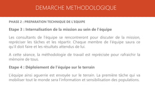 DEMARCHE METHODOLOGIQUE
PHASE 2 : PREPARATION TECHNIQUE DE L’EQUIPE
Etape 3 : Internalisation de la mission au sein de l’équipe
Les consultants de l’équipe se rencontreront pour discuter de la mission,
repréciser les tâches et les répartir. Chaque membre de l’équipe saura ce
qu’il doit faire et les résultats attendus de lui.
A cette séance, la méthodologie de travail est reprécisée pour rafraichir la
mémoire de tous.
Etape 4 : Déploiement de l’équipe sur le terrain
L’équipe ainsi aguerrie est envoyée sur le terrain. La première tâche qui va
mobiliser tout le monde sera l’information et sensibilisation des populations.
 
