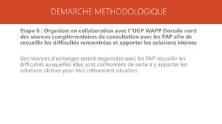 DEMARCHE METHODOLOGIQUE
Etape 6 : Organiser en collaboration avec l’’UGP WAPP Dorsale nord
des séances complémentaires de consultation avec les PAP afin de
recueillir les difficultés rencontrées et apporter les solutions idoines
Des séances d’échanges seront organisées avec les PAP recueillir les
difficultés auxquelles elles sont confrontées de sorte à y apporter les
solutions idoines pour leur relèvement situation.
 
