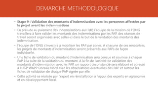 DEMARCHE METHODOLOGIQUE
• Etape 9 : Validation des montants d’indemnisation avec les personnes affectées par
le projet avant les indemnisations
• En prélude au paiement des indemnisations aux PAP, l’équipe de la mission de l’ONG
travaillera à faire valider les montants des indemnisations par les PAP, des séances de
travail seront organisées avec celles-ci dans le but de la validation des montants des
indemnisation.
• l’équipe de l’ONG s’investira à mobiliser les PAP par zones. A chacune de ces rencontres,
les projets de montants d’indemnisation seront présentés aux PAPs de façon
individuelle.
• Une fiche de validation du montant d’indemnisation sera conçue et soumise à chaque
PAP à la suite de la validation du montant. A la fin de l’activité de validation des
montants d’indemnisation avec les PAP, un rapport circonstancié sera élaboré et adressé
à l’UGP WAPP Dorsale Nord avec les observations éventuelles des PAP et surtout les
fiches de validation de chaque PAP signée par elle.
• Cette activité se réalisée par l’expert en réinstallation à l’appui des experts en agronomie
et en développement local.
 