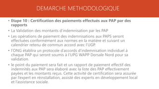 DEMARCHE METHODOLOGIQUE
• Etape 10 : Certification des paiements effectués aux PAP par des
rapports
• La Validation des montants d’indemnisation par les PAP
• Les opérations de paiement des indemnisations aux PAPS seront
effectuées conformément aux normes en la matière et suivant un
calendrier retenu de commun accord avec l’UGP.
• l’ONG établira un protocole d’accords d’indemnisation individuel à
chaque PAP qui seront soumis à l’UPG WAPP Dorsale Nord pour sa
validation.
• le point du paiement sera fait et un rapport de paiement effectif des
indemnités aux PAP sera élaboré avec la liste des PAP effectivement
payées et les montants reçus. Cette activité de certification sera assurée
par l’expert en réinstallation, assisté des experts en développement local
et l’assistance sociale.
 