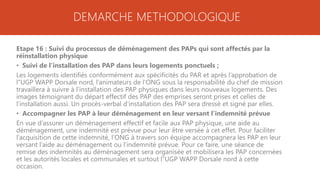 DEMARCHE METHODOLOGIQUE
Etape 16 : Suivi du processus de déménagement des PAPs qui sont affectés par la
réinstallation physique
• Suivi de l’installation des PAP dans leurs logements ponctuels ;
Les logements identifiés conformément aux spécificités du PAR et après l’approbation de
l’’UGP WAPP Dorsale nord, l’animateurs de l’ONG sous la responsabilité du chef de mission
travaillera à suivre à l’installation des PAP physiques dans leurs nouveaux logements. Des
images témoignant du départ effectif des PAP des emprises seront prises et celles de
l’installation aussi. Un procès-verbal d’installation des PAP sera dressé et signé par elles.
• Accompagner les PAP à leur déménagement en leur versant l’indemnité prévue
En vue d’assurer un déménagement effectif et facile aux PAP physique, une aide au
déménagement, une indemnité est prévue pour leur être versée à cet effet. Pour faciliter
l’acquisition de cette indemnité, l’ONG à travers son équipe accompagnera les PAP en leur
versant l’aide au déménagement ou l’indemnité prévue. Pour ce faire, une séance de
remise des indemnités au déménagement sera organisée et mobilisera les PAP concernées
et les autorités locales et communales et surtout l’’UGP WAPP Dorsale nord à cette
occasion.
 