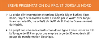 BREVE PRESENTATION DU PROJET DORSALE NORD
 Le projet d’interconnexion électrique Nigeria-Niger-Burkina-Faso-
Benin, Projet de la Dorsale Nord, est initié par le WAPP avec l’appui
financier de la BM, de la BAD, de l’AFD, de l’UE et du Gouvernement
du Nigéria.
 Le projet consiste en la construction d’une ligne à deux ternes en 330
kV longue de 875 km pour une emprise large de 50 m et de six (6)
postes de transformation électrique.
 
