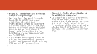 • Etape 20 : Traitement des données,
analyse et rapportage.
• Les données collectées à l’issue de
l’enquête de satisfaction seront
dépouillées et saisies. Une
méthodologie simple de traitement
des données sera utilisée à cet effet.
Ensuite les données seront analysées
pour permettre l’élaboration du
rapport relatif à la satisfaction des
bénéficiaires de la mission conduite
par AMICHRIST.
• Ces activités mobiliseront le chef de
mission, l’expert en développement
local et l’assistance sociale durant cinq
(5) jours soit 15 hommes/jours.
•
• Etape 21 : Atelier de restitution et
de validation du rapport
• Le rapport de la collecte de données
élaboré, celui sera, à l’issue d’un
atelier présenté aux parties prenantes
à la mission. Ledit rapport sera à
l’issue de cet atelier amendé et validé.
Chaque expert sera mobilisé sur un
demi jour soit un total de 2hommes/
jour.
 