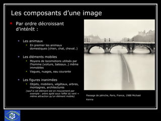 Les composants d’une image Par ordre décroissant d’intérêt : Les animaux  En premier les animaux domestiques (chien, chat, cheval..) Les éléments mobiles Moyens de locomotions utilisés par l’homme (voiture, bateaux..) même immobiles Vagues, nuages, eau courante Les figures inanimées Objets, mobiliers, végétaux, arbres, montagnes, architectures (sauf si cet élément est en mouvement par exemple : arbre agité sous l’effet du vent = même attraction qu’un élément mobile) Passage de péniche, Paris, France, 1988 Michael Kenna   