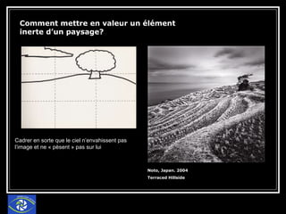 Comment mettre en valeur un élément inerte d’un paysage?  Noto, Japan. 2004  Terraced Hillside Cadrer en sorte que le ciel n’envahissent pas l’image et ne « pèsent » pas sur lui 