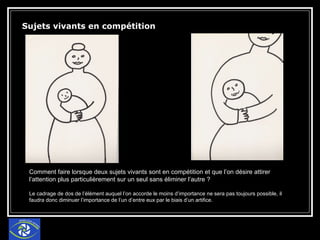 Sujets vivants en compétition  Comment faire lorsque deux sujets vivants sont en compétition et que l’on désire attirer l’attention plus particulièrement sur un seul sans éliminer l’autre ?  Le cadrage de dos de l’élément auquel l’on accorde le moins d’importance ne sera pas toujours possible, il faudra donc diminuer l’importance de l’un d’entre eux par le biais d’un artifice. 