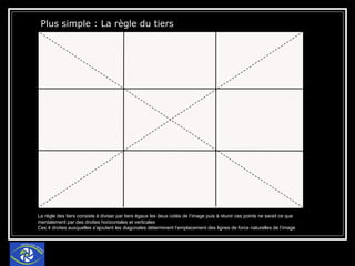 Plus simple : La règle du tiers   La règle des tiers consiste à diviser par tiers égaux les deux cotés de l’image puis à réunir ces points ne serait ce que mentalement par des droites horizontales et verticales Ces 4 droites auxquelles s’ajoutent les diagonales déterminent l’emplacement des lignes de force naturelles de l’image 