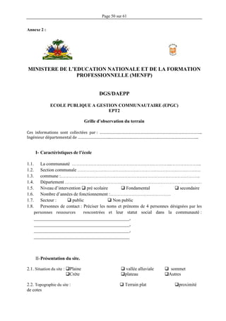Page 50 sur 61
Annexe 2 :
MINISTERE DE L’EDUCATION NATIONALE ET DE LA FORMATION
PROFESSIONNELLE (MENFP)
DGS/DAEPP
ECOLE PUBLIQUE A GESTION COMMUNAUTAIRE (EPGC)
EPT2
Grille d’observation du terrain
Ces informations sont collectées par : ……………………………………………………………………………………..
Ingénieur départemental de …………………………..……………………………………….………………………………..
I- Caractéristiques de l’école
1.1. La communauté ………………………………………………………...………………..
1.2. Section communale ………………………………………………………………………
1.3. commune :………………………………………………………………………………..
1.4. Département ………………………………………………………………………………
1.5. Niveau d’intervention  pré scolaire  Fondamental  secondaire
1.6. Nombre d’années de fonctionnement :………………………………….
1.7. Secteur :  public  Non public
1.8. Personnes de contact : Préciser les noms et prénoms de 4 personnes désignées par les
personnes ressources rencontrées et leur statut social dans la communauté :
__________________________________________,
__________________________________________,
__________________________________________,
__________________________________________
II-Présentation du site.
2.1. Situation du site : Plaine  vallée alluviale  sommet
Crète plateau Autres
2.2. Topographie du site :  Terrain plat proximité
de cotes
 