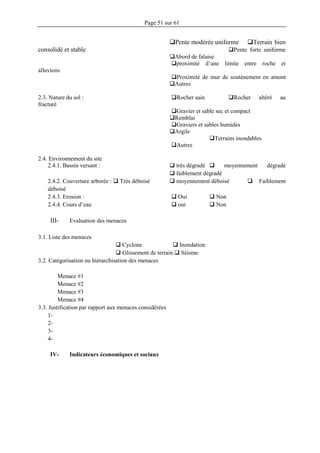 Page 51 sur 61
Pente modérée uniforme Terrain bien
consolidé et stable Pente forte uniforme
Abord de falaise
proximité d’une limite entre roche et
alluvions
Proximité de mur de soutènement en amont
Autres
2.3. Nature du sol : Rocher sain Rocher altéré au
fracturé
Gravier et sable sec et compact
Remblai
Graviers et sables humides
Argile
Terrains inondables
Autres
2.4. Environnement du site
2.4.1. Bassin versant :  très dégradé  moyennement dégradé
 faiblement dégradé
2.4.2. Couverture arborée :  Très déboisé  moyennement déboisé  Faiblement
déboisé
2.4.3. Erosion :  Oui  Non
2.4.4. Cours d’eau  oui  Non
III- Evaluation des menaces
3.1. Liste des menaces
 Cyclone  Inondation
 Glissement de terrain  Séisme
3.2. Catégorisation ou hiérarchisation des menaces
Menace #1
Menace #2
Menace #3
Menace #4
3.3. Justification par rapport aux menaces considérées
1-
2-
3-
4-
IV- Indicateurs économiques et sociaux
 