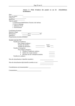 Page 59 sur 61
Annexe 3 : Fiche d’analyse des projets en cas de réinstallations
involontaires
Date : ______________
Nom de projet : ______________________________
Village de ________________
Région de ______________
Type de projet :
□ Construction/réhabilitation d’écoles et de latrines
□ Voirie et drainage
□ Adduction d’eau
□ Electrification
Localisation du projet :
Quartier/village: ______________________________
Dimensions : ________m2 x ___________ m2
Superficie : ________(m2)
Propriétaire(s) du (des) terrain(s) :
____________________________________________________________________
Nombre total des PAP
Nombre de résidences
Pour chaque résidence :
Nombre de familles : _____________ Total : ____
Nombre de personnes : _____________ Total : ____
Nombre d’entreprises
Pour chaque entreprise ;
 Nombre d’employées salaries : ________
 Salaire de c/u par semaine : ________
 Revenue net de l’entreprise/semaine ________
Nombre de vendeurs : ________
Sites de relocalisation à identifier (nombre) : ___________________
___________________
Sites de relocalisation déjà identifie (nombre et ou) : ___________________
___________________
Considérations environnementales : _______________________________
Commentaires___________________________________
 