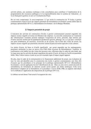 9
activités pilotes, une assistance technique et des consultations pour contribuer à l’amélioration de la
programmation des ressources publiques et à la responsabilisation dans le système de l’éducation ; et
ii) en finançant la gestion, le suivi et l’évaluation du Projet.
De ces trois composantes, la sous-composante 1.2 qui inclut la construction de 74 écoles à gestion
communautaire risque d’avoir des impacts potentiels de réinstallation involontaire comme défini dans la
politique opérationnelle OP 4.12 « Réinstallation Involontaire » de la Banque Mondiale.
2.3 Impacts potentiels du projet
L’exécution des activités de construction d’écoles à gestion communautaire pourrait engendrer des
impacts sociaux négatifs en termes de libération des emprises. La nouvelle construction ou l’extension
des infrastructures existantes pourrait impliquer l’acquisition de terres, peut-être, déjà utilisées par
d’autres activités menées par les populations (production agricole, pâturage, etc.), ce qui peut constituer
une perte d’habitation, de structures, d’activités ou de revenus. Sur la base des visites de terrain, les
impacts sociaux négatifs qui pourraient concerner surtout la perte de terrain agricoles et des cultures.
Les pertes d’accès, de biens et d’actifs significatifs qui seront engendrés par les aménagements,
pourraient enclencher la mise en œuvre d’un PAR (Plan d'Actions de Réinstallation). Toutefois, la
confirmation a été établie lors des visites des premiers sites, effectuées dans le cadre de cette étude, que
le risque pour que les activités du projet engendrent des pertes d’accès, de biens et d’actifs est quasiment
faible. Mais l’alerte restera vivante au cas où le moindre signe d’impact négatif apparait.
De plus, dans le cadre de la restructuration et le financement additionnel du projet, une évaluation de
tous les sites pré-identifiés pour la construction des écoles à gestion communautaire sera faite afin
d’assurer que les procédures et les principes de la politique opérationnelle OP 4.12 «Réinstallation
Involontaire » ont été appliquées lors de l’identification du site. Dans ces sites où il y aurait nécessité de
réinstallation, les formulaires de sélection sociale seront ajoutés aux fiches techniques. Cette revue
déterminera l’ampleur de la réinstallation et la procédure à suivre (PAR, PSR, ou rapports individuels
sur la méthode et l’application des dispositions de la politique OP 4.12).
Le tableau suivant donne l’état actuel d’occupation des sites.
 