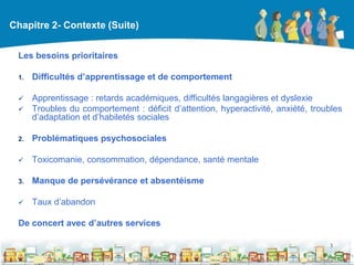 Chapitre 2- Contexte (Suite)


 Les besoins prioritaires

 1.   Difficultés d’apprentissage et de comportement

     Apprentissage : retards académiques, difficultés langagières et dyslexie
     Troubles du comportement : déficit d’attention, hyperactivité, anxiété, troubles
      d’adaptation et d’habiletés sociales

 2.   Problématiques psychosociales

     Toxicomanie, consommation, dépendance, santé mentale

 3.   Manque de persévérance et absentéisme

     Taux d’abandon

 De concert avec d’autres services

                                                                                  3

                                                    DEAAC
 