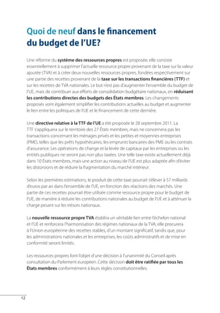 Quoi de neuf dans le financement
     du budget de l’ue?
     Une réforme du système des ressources propres est proposée; elle consiste
     essentiellement à supprimer l’actuelle ressource propre provenant de la taxe sur la valeur
     ajoutée (TVA) et à créer deux nouvelles ressources propres, fondées respectivement sur
     une partie des recettes provenant de la taxe sur les transactions financières (TTF) et
     sur les recettes de TVA nationales. Le but n’est pas d’augmenter l’ensemble du budget de
     l’UE, mais de contribuer aux efforts de consolidation budgétaire nationaux, en réduisant
     les contributions directes des budgets des États membres. Les changements
     proposés vont également simplifier les contributions actuelles au budget et augmenter
     le lien entre les politiques de l’UE et le financement de cette dernière.

     Une directive relative à la TTF de l’UE a été proposée le 28 septembre 2011. La
     TTF s’appliquera sur le territoire des 27 États membres, mais ne concernera pas les
     transactions concernant les ménages privés et les petites et moyennes entreprises
     (PME), telles que les prêts hypothécaires, les emprunts bancaires des PME ou les contrats
     d’assurance. Les opérations de change et la levée de capitaux par les entreprises ou les
     entités publiques ne seront pas non plus taxées. Une telle taxe existe actuellement déjà
     dans 10 États membres, mais une action au niveau de l’UE est plus adaptée afin d’éviter
     les distorsions et de réduire la fragmentation du marché intérieur.

     Selon les premières estimations, le produit de cette taxe pourrait s’élever à 57 milliards
     d’euros par an dans l’ensemble de l’UE, en fonction des réactions des marchés. Une
     partie de ces recettes pourrait être utilisée comme ressource propre pour le budget de
     l’UE, de manière à réduire les contributions nationales au budget de l’UE et à atténuer la
     charge pesant sur les trésors nationaux.

     La nouvelle ressource propre TVA établira un véritable lien entre l’échelon national
     et l’UE et renforcera l’harmonisation des régimes nationaux de la TVA; elle procurera
     à l’Union européenne des recettes stables, d’un montant significatif, tandis que, pour
     les administrations nationales et les entreprises, les coûts administratifs et de mise en
     conformité seront limités.

     Les ressources propres font l’objet d’une décision à l’unanimité du Conseil après
     consultation du Parlement européen. Cette décision doit être ratifiée par tous les
     États membres conformément à leurs règles constitutionnelles.




12
 