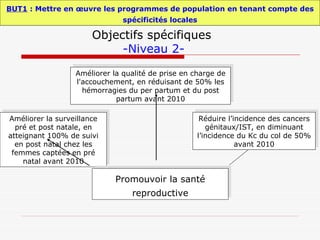 Objectifs spécifiques  -Niveau 2- BUT1  : Mettre en œuvre les programmes de population en tenant compte des spécificités locales Réduire l’incidence des cancers génitaux/IST, en diminuant l’incidence du Kc du col de 50% avant 2010 Améliorer la qualité de prise en charge de l'accouchement, en réduisant de 50% les hémorragies du per partum et du post partum avant 2010 Améliorer la surveillance pré et post natale, en atteignant 100% de suivi en post natal chez les femmes captées en pré natal avant 2010 Promouvoir la santé reproductive 