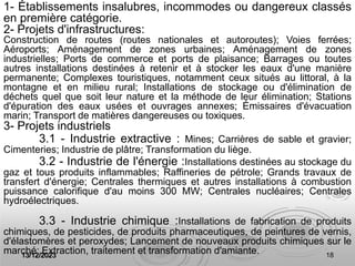 13/12/2023 18
1- Établissements insalubres, incommodes ou dangereux classés
en première catégorie.
2- Projets d'infrastructures:
Construction de routes (routes nationales et autoroutes); Voies ferrées;
Aéroports; Aménagement de zones urbaines; Aménagement de zones
industrielles; Ports de commerce et ports de plaisance; Barrages ou toutes
autres installations destinées à retenir et à stocker les eaux d'une manière
permanente; Complexes touristiques, notamment ceux situés au littoral, à la
montagne et en milieu rural; Installations de stockage ou d'élimination de
déchets quel que soit leur nature et la méthode de leur élimination; Stations
d'épuration des eaux usées et ouvrages annexes; Émissaires d'évacuation
marin; Transport de matières dangereuses ou toxiques.
3- Projets industriels
3.1 - Industrie extractive : Mines; Carrières de sable et gravier;
Cimenteries; Industrie de plâtre; Transformation du liège.
3.2 - Industrie de l'énergie :Installations destinées au stockage du
gaz et tous produits inflammables; Raffineries de pétrole; Grands travaux de
transfert d'énergie; Centrales thermiques et autres installations à combustion
puissance calorifique d'au moins 300 MW; Centrales nucléaires; Centrales
hydroélectriques.
3.3 - Industrie chimique :Installations de fabrication de produits
chimiques, de pesticides, de produits pharmaceutiques, de peintures de vernis,
d'élastomères et peroxydes; Lancement de nouveaux produits chimiques sur le
marché; Extraction, traitement et transformation d'amiante.
 