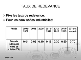 13/12/2023 75
TAUX DE REDEVANCE
 Fixe les taux de redevance:
 Pour les eaux usées industrielles:
Année 2006-
2007
2008 2009 2010-
2011
2012-
2013
2014-
2015
2016 et
au-delà
Taux de
redevance
(unité de
pollution/Dh)
0.01 0.05 0.10 0.15 0.30 0.50 0.70
 