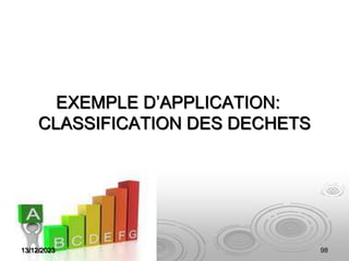 13/12/2023 98
EXEMPLE D’APPLICATION:
CLASSIFICATION DES DECHETS
 