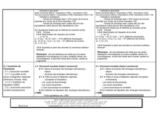 ‫شهادة‬ ‫لنيل‬ ‫الموحد‬ ‫الوطني‬ ‫االمتحان‬ ‫الختبارات‬ ‫المرجعية‬ ‫األطر‬‫البكالوريا‬-4102-
‫اإلحصاء‬ ‫و‬ ‫العام‬ ‫االقتصاد‬ ‫مادة‬ ‫الختبار‬ ‫المرجعي‬ ‫اإلطار‬-‫العلوم‬ ‫شعبة‬‫التدبير‬ ‫و‬ ‫االقتصادية‬:‫االقتصادية‬ ‫العلوم‬ ‫مسلك‬
‫األكاديميات‬ ‫بين‬ ‫المشتركة‬ ‫والتكوينات‬ ‫المدرسية‬ ‫الحياة‬ ‫وتنظيم‬ ‫التقويم‬ ‫مديرية‬-‫االمتحانات‬ ‫و‬ ‫للتقويم‬ ‫الوطني‬ ‫المركز‬‫التوجيه‬ ‫و‬
‫الهاتف‬24/120.3.0322320–‫الفاكس‬:120.3.0322310‫االلكتروني‬ ‫البريد‬:cneebac@gmail.com‫ص‬14‫من‬11
* Indicateurs descriptifs :
Solde commercial (Biens) = Exportations (FOB) – Importations (CAF)
Taux de couverture (Biens) = (Exportations (FOB)/ Importations (CAF)) *100
* Indicateurs analytiques ;
- Termes de l’échange réels = (Prix moyen de la tonne
exportée/ prix moyen de la tonne importée) x100
- Termes de l’échange nets= (indice des Prix des
exportations/ indice des prix des importations) x100
1-3- Ajustement linéaire par la méthode de moindres carrés
1-3-1- Principe
1-3-2- Détermination de l’équation de la droite
y = ax +b
a = (Σ xiyi – N x y) / (Σxi² – N x²) (Méthode développée)
ou : a= (Σ (xi – x) (yi – y) / Σ(xi – x)
2
(Méthode des écarts)
et : b = y –a x
1-3-3- Illustration à partir des données du commerce extérieur
marocain
Remarque : cet outil statistique est utilisé pour les séries
statistiques chronologiques ou à deux variables (séries non
chronologiques) et peut être utilisé dans d’autres parties du
programme
* Indicateurs descriptifs :
Solde commercial (Biens) = Exportations (FOB) – Importations (CAF)
Taux de couverture (Biens)= (Exportations (FOB)/ Importations (CAF)) *100
* Indicateurs analytiques ;
- Termes de l’échange réels = (Prix moyen de la tonne
exportée/ prix moyen de la tonne importée) x100
- Termes de l’échange nets= (indice des Prix des
exportations/ indice des prix des importations) x100
1-3- Ajustement linéaire par la méthode de moindres carrés
1-3-2- Principe
1-3-2- Détermination de l’équation de la droite
y = ax +b
a = (Σ xiyi – N x y) / (Σxi² – N x²) (Méthode développée)
ou : a= (Σ (xi – x) (yi – y) / Σ(xi – x)
2
(Méthode des écarts)
et : b = y –a x
1-3-3- Illustration à partir des données du commerce extérieur
marocain
Remarque : cet outil statistique est utilisé pour les séries
statistiques chronologiques ou à deux variables (séries non
chronologiques) et peut être utilisé dans d’autres parties du
programme
2- L’ouverture de
l’économie
2-1- L’économie mondiale
2-1-1- Les pôles et les
zones d’intégration régionale
(Amérique, Europe, Asie)
2-1-2- L’institution de
régulation (OMC)
2-2- L’économie marocaine :
constat et perspectives
2-1- l’Economie mondiale (Aspect commercial)
2-1-1- Nature et évolution des échanges internationaux :
- Nature
- Évolution des échanges internationaux
2-1- 2- Pôles et zones d’intégration régionale
(conception et Illustration)
- Les zones de libre-échange
- Les unions douanières
- L’union économique et monétaire
2-1-3- Institution de régulation des échanges internationaux :
L’OMC
- Fiche signalétique de L’OMC
2-1- l’Economie mondiale (Aspect commercial)
2-1-1- Nature et évolution des échanges internationaux :
- Nature
- Évolution des échanges internationaux
2-1- 2- Pôles et zones d’intégration régionale (conception
et Illustration)
- Les zones de libre-échange
- Les unions douanières
- L’union économique et monétaire
2-1-3- Institution de régulation des échanges internationaux :
L’OMC
 
