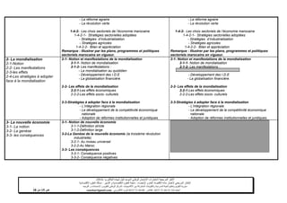 ‫شهادة‬ ‫لنيل‬ ‫الموحد‬ ‫الوطني‬ ‫االمتحان‬ ‫الختبارات‬ ‫المرجعية‬ ‫األطر‬‫البكالوريا‬-4102-
‫اإلحصاء‬ ‫و‬ ‫العام‬ ‫االقتصاد‬ ‫مادة‬ ‫الختبار‬ ‫المرجعي‬ ‫اإلطار‬-‫العلوم‬ ‫شعبة‬‫التدبير‬ ‫و‬ ‫االقتصادية‬:‫االقتصادية‬ ‫العلوم‬ ‫مسلك‬
‫األكاديميات‬ ‫بين‬ ‫المشتركة‬ ‫والتكوينات‬ ‫المدرسية‬ ‫الحياة‬ ‫وتنظيم‬ ‫التقويم‬ ‫مديرية‬-‫االمتحانات‬ ‫و‬ ‫للتقويم‬ ‫الوطني‬ ‫المركز‬‫التوجيه‬ ‫و‬
‫الهاتف‬24/120.3.0322320–‫الفاكس‬:120.3.0322310‫االلكتروني‬ ‫البريد‬:cneebac@gmail.com‫ص‬15‫من‬11
- La réforme agraire
- La révolution verte
1-4-2- Les choix sectoriels de l’économie marocaine
1-4-2-1- Stratégies sectorielles adoptées
- Stratégies d’industrialisation
- Stratégies agricoles
1-4-2-2- Bilan et appréciation
Remarque : Illustrer par les plans, programmes et politiques
sectoriels marocains en vigueur.
- La réforme agraire
- La révolution verte
1-4-2- Les choix sectoriels de l’économie marocaine
1-4-2-1- Stratégies sectorielles adoptées
- Stratégies d’industrialisation
- Stratégies agricoles
1-4-2-2- Bilan et appréciation
Remarque : Illustrer par les plans, programmes et politiques
sectoriels marocains en vigueur.
2- La mondialisation
2-1-Notion
2-2- Les manifestations
2-3-les effets
2-4-Les stratégies à adopter
face à la mondialisation
2-1- Notion et manifestations de la mondialisation
2-1-1- Notion de mondialisation
2-1-2- Les manifestations :
- La mondialisation au quotidien
- Développement des I.D.E
- La globalisation financière.
2-2- Les effets de la mondialisation
2-2-1-Les effets économiques
2-2-2-Les effets socio- culturels
2-3-Stratégies à adopter face à la mondialisation
- L’intégration régionale
- Le développement de la compétitivité économique
nationale
- Adoption de réformes institutionnelles et juridiques.
2-1- Notion et manifestations de la mondialisation
2-1-1- Notion de mondialisation
2-1-2- Les manifestations :
- Développement des I.D.E
- La globalisation financière.
2-2- Les effets de la mondialisation
2-2-1-Les effets économiques
2-2-2-Les effets socio- culturels
2-3-Stratégies à adopter face à la mondialisation
- L’intégration régionale
- Le développement de la compétitivité économique
nationale
- Adoption de réformes institutionnelles et juridiques.
3- La nouvelle économie
3-1- La notion
3-2- La genèse
3-3- les conséquences
3-1- Notion de nouvelle économie
3-1-1-Définition stricte
3-1-2-Définition large
3-2-La Genèse de la nouvelle économie (la troisième révolution
industrielle)
3-2-1- Au niveau universel
3-2-2-Au Maroc
3-3- Les conséquences
3-3-1- Conséquence positives
3-3-2- Conséquence négatives
 