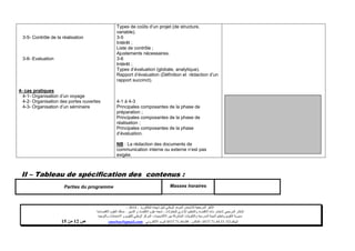 ‫البكالوريا‬ ‫شهادة‬ ‫لنيل‬ ‫الوطني‬ ‫الموحد‬ ‫لالمتحان‬ ‫المرجعية‬ ‫األطر‬-4102–
‫للمقاوالت‬ ‫اإلداري‬ ‫والتنظيم‬ ‫االقتصاد‬ ‫مادة‬ ‫الختبار‬ ‫المرجعي‬ ‫اإلطار‬-‫شعبة‬‫علوم‬‫التدبير‬ ‫و‬ ‫االقتصاد‬:‫االقتصادية‬ ‫العلوم‬ ‫مسلك‬
‫األكاديميات‬ ‫بين‬ ‫المشتركة‬ ‫والتكوينات‬ ‫المدرسية‬ ‫الحياة‬ ‫وتنظيم‬ ‫التقويم‬ ‫مديرية‬-‫االمتحانات‬ ‫و‬ ‫للتقويم‬ ‫الوطني‬ ‫المركز‬‫والتوجيه‬
‫الهاتف‬24/120.3.0322320–‫الفاكس‬:120.3.0322310‫االلكتروني‬ ‫البريد‬:cneebac@gmail.com‫ص‬14‫من‬11
II – Tableau de spécification des contenus :
Parties du programme Masses horaires
3-5- Contrôle de la réalisation
3-6- Evaluation
4- cas pratiques
4-1- Organisation d’un voyage
4-2- Organisation des portes ouvertes
4-3- Organisation d’un séminaire
Types de coûts d’un projet (de structure,
variable).
3-5
Intérêt ;
Liste de contrôle ;
Ajustements nécessaires.
3-6
Intérêt ;
Types d’évaluation (globale, analytique).
Rapport d’évaluation (Définition et rédaction d’un
rapport succinct).
4-1 à 4-3
Principales composantes de la phase de
préparation ;
Principales composantes de la phase de
réalisation ;
Principales composantes de la phase
d’évaluation.
NB : La rédaction des documents de
communication interne ou externe n’est pas
exigée.
 