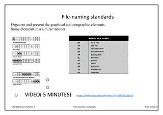Arch.Jamal (I)Time duration ,ScheduleCAD Standard |Section 1
File-naming standards
Organize and present the graphical and nongraphic elements
Same elements in a similar manner
o
o
o VIDEO( 5 MINUTES) https://www.youtube.com/watch?v=0B6O01gE5uE
 