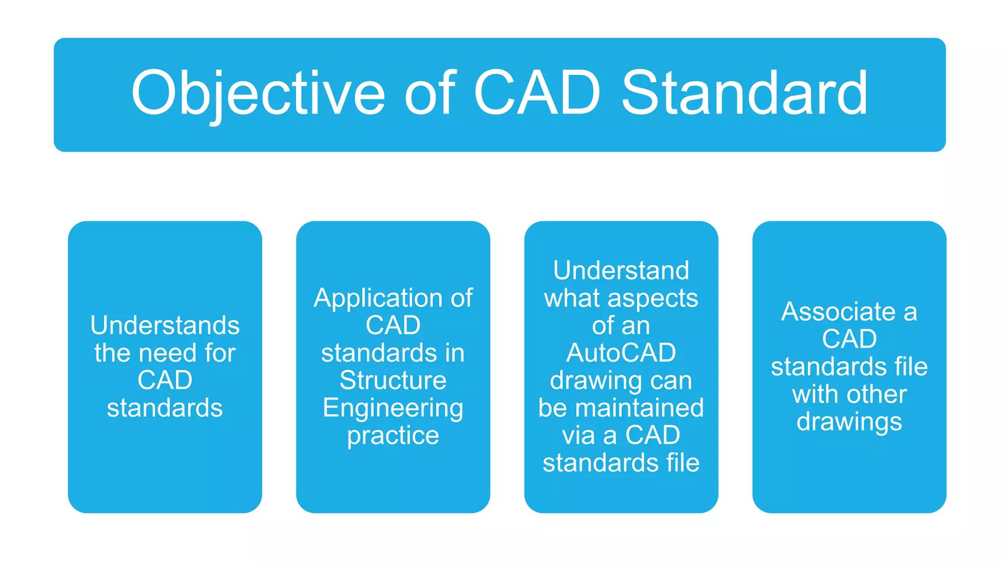 Objective of CAD Standard

Understands
the need for
CAD
standards

Application of
CAD
standards in
Structure
Engineering
practice

Understand
what aspects
of an
AutoCAD
drawing can
be maintained
via a CAD
standards file

Associate a
CAD
standards file
with other
drawings

 