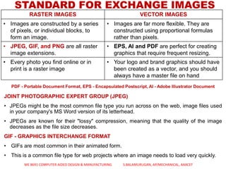 STANDARD FOR EXCHANGE IMAGES
JOINT PHOTOGRAPHIC EXPERT GROUP (JPEG)
• JPEGs might be the most common file type you run across on the web, image files used
in your company's MS Word version of its letterhead.
• JPEGs are known for their "lossy" compression, meaning that the quality of the image
decreases as the file size decreases.
GIF - GRAPHICS INTERCHANGE FORMAT
• GIFs are most common in their animated form.
• This is a common file type for web projects where an image needs to load very quickly.
ME 8691 COMPUTER AIDED DESIGN & MANUFACTURING S.BALAMURUGAN, AP/MECHANICAL, AAACET
RASTER IMAGES VECTOR IMAGES
• Images are constructed by a series
of pixels, or individual blocks, to
form an image.
• Images are far more flexible. They are
constructed using proportional formulas
rather than pixels.
• JPEG, GIF, and PNG are all raster
image extensions.
• EPS, AI and PDF are perfect for creating
graphics that require frequent resizing.
• Every photo you find online or in
print is a raster image
• Your logo and brand graphics should have
been created as a vector, and you should
always have a master file on hand
PDF - Portable Document Format, EPS - Encapsulated Postscript, AI - Adobe Illustrator Document
 
