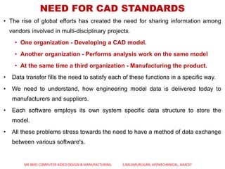 NEED FOR CAD STANDARDS
• The rise of global efforts has created the need for sharing information among
vendors involved in multi-disciplinary projects.
• One organization - Developing a CAD model.
• Another organization - Performs analysis work on the same model
• At the same time a third organization - Manufacturing the product.
• Data transfer fills the need to satisfy each of these functions in a specific way.
• We need to understand, how engineering model data is delivered today to
manufacturers and suppliers.
• Each software employs its own system specific data structure to store the
model.
• All these problems stress towards the need to have a method of data exchange
between various software's.
ME 8691 COMPUTER AIDED DESIGN & MANUFACTURING S.BALAMURUGAN, AP/MECHANICAL, AAACET
 