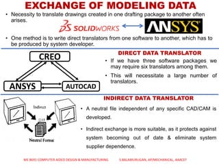 • Necessity to translate drawings created in one drafting package to another often
arises.
• One method is to write direct translators from one software to another, which has to
be produced by system developer.
EXCHANGE OF MODELING DATA
CREO
AUTOCADANSYS
DIRECT DATA TRANSLATOR
• If we have three software packages we
may require six translators among them.
• This will necessitate a large number of
translators.
INDIRECT DATA TRANSLATOR
• A neutral file independent of any specific CAD/CAM is
developed.
• Indirect exchange is more suitable, as it protects against
system becoming out of date & eliminate system
supplier dependence.
ME 8691 COMPUTER AIDED DESIGN & MANUFACTURING S.BALAMURUGAN, AP/MECHANICAL, AAACET
 