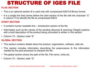 STRUCTURE OF IGES FILE
FLAG SECTION
• This is an optional section & is used only with compressed ASCII & Binary format.
• It is a single line that comes before the start section of the file with the character “C”
in column 73 to identify the file as compressed ASCII.
START SECTION
• It contains human readable line – Introduction section of the file.
• Information such as the names of the sending (Source) & receiving (Target) systems
with a brief description of the product being converted is written in this section.
• Column 73 – Section code “S”
GLOBAL SECTION
• This section contains details about the product, organization, software, date etc.
• This section includes information describing the preprocessor & the information
needed by the post processor to interpret the file.
• The global section shows the path of the file, File name, Units etc.
• Column 73 – Section code “G”
ME 8691 COMPUTER AIDED DESIGN & MANUFACTURING S.BALAMURUGAN, AP/MECHANICAL, AAACET
 