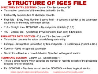 DIRECTORY ENTRY SECTION - Column 73 – Section code “D”
• This section consists of all the entities defined in the file.
• Each entity occupies two 80 character records.
• First field – Entity Type Number, Second field – It contains a pointer to the parameter
data entry for the entity in the next section.
• 110 – Straight line - 1P0000001 – By end points (0,5,0) to (0,0,0)
• 100 – Circular arc – Arc defined by Center point, Start point & End point
PARAMETER DATA SECTION - Column 73 – Section code “P”
• This section contains the actual data defining each entity.
• Example – Straight line is identified by two end points – 6 Coordinates. (1point–3 Co.)
• Comma – Used to separate parameter
• Semicolon – Used as a record delimiter, Specified in the global section.
TERMINATE SECTION - Column 73 – Section code “T”
• This is a single record which specifies the number of records in each of the preceding
sections for error checking.
• Ex - S0000002 – Two lines in start section, G0000004 – 4 lines in global section.
STRUCTURE OF IGES FILE
ME 8691 COMPUTER AIDED DESIGN & MANUFACTURING S.BALAMURUGAN, AP/MECHANICAL, AAACET
 