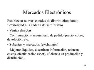 19
Mercados Electrónicos
Establecen nuevos canales de distribución dando
flexibilidad a la cadena de suministros
• Ventas directas
Configuración y seguimiento de pedido, precio, cobro,
devolución, etc.
• Subastas y mercados (exchanges)
Mejoran liquidez, diseminan información, reducen
costos, efectivización (spot), eficiencia en producción y
distribución.
 