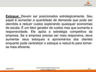 18/06/2015
samuel.sobrinho@anhanguera.com
ssobrinhoo@gmail.com
121
Estoque: Devem ser posicionados estrategicamente. Seu
papel é aumentar a quantidade de demanda que pode ser
atendida e reduzir custos explorando quaisquer economias
de escala. É um fator gerador de custos mas que aumenta a
responsividade. Ele apóia a estratégia competitiva da
empresa. Se a empresa precisa ser mais responsiva, deve
aumentar seus estoques e aproximá-los dos clientes
enquanto pode centralizar o estoque e reduzi-lo para tornar-
se mais eficiente.
 