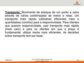 18/06/2015
samuel.sobrinho@anhanguera.com
ssobrinhoo@gmail.com
123
Transporte: Movimento de estoque de um ponto a outro
através de várias combinações de meios e rotas. Um
transporte mais rápido (utilizando diferentes meio e
quantidades) contribui para a responsividade. Para clientes
que querem responsividade, usar transporte mais rápido
(mais caro) e para os clientes em que o preço é
fundamental, utilizar meios mais eficientes. As decisões
sobre transporte tem por base:
 