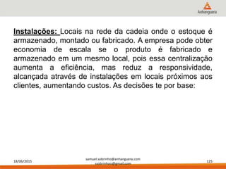 18/06/2015
samuel.sobrinho@anhanguera.com
ssobrinhoo@gmail.com
125
Instalações: Locais na rede da cadeia onde o estoque é
armazenado, montado ou fabricado. A empresa pode obter
economia de escala se o produto é fabricado e
armazenado em um mesmo local, pois essa centralização
aumenta a eficiência, mas reduz a responsividade,
alcançada através de instalações em locais próximos aos
clientes, aumentando custos. As decisões te por base:
 