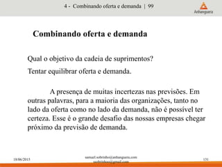 18/06/2015
samuel.sobrinho@anhanguera.com
ssobrinhoo@gmail.com
131
Combinando oferta e demanda
Qual o objetivo da cadeia de suprimentos?
Tentar equilibrar oferta e demanda.
A presença de muitas incertezas nas previsões. Em
outras palavras, para a maioria das organizações, tanto no
lado da oferta como no lado da demanda, não é possível ter
certeza. Esse é o grande desafio das nossas empresas chegar
próximo da previsão de demanda.
4 - Combinando oferta e demanda | 99
 