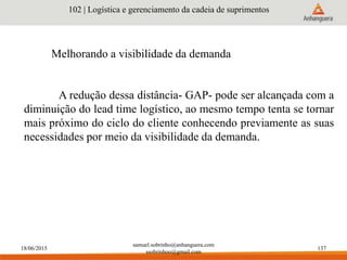 18/06/2015
samuel.sobrinho@anhanguera.com
ssobrinhoo@gmail.com
137
Melhorando a visibilidade da demanda
102 | Logística e gerenciamento da cadeia de suprimentos
A redução dessa distância- GAP- pode ser alcançada com a
diminuição do lead time logístico, ao mesmo tempo tenta se tornar
mais próximo do ciclo do cliente conhecendo previamente as suas
necessidades por meio da visibilidade da demanda.
 