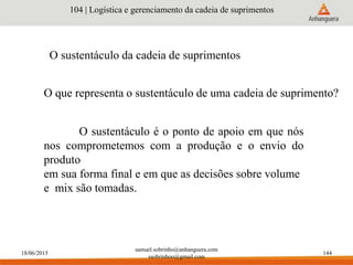 18/06/2015
samuel.sobrinho@anhanguera.com
ssobrinhoo@gmail.com
144
O sustentáculo da cadeia de suprimentos
104 | Logística e gerenciamento da cadeia de suprimentos
O que representa o sustentáculo de uma cadeia de suprimento?
O sustentáculo é o ponto de apoio em que nós
nos comprometemos com a produção e o envio do
produto
em sua forma final e em que as decisões sobre volume
e mix são tomadas.
 