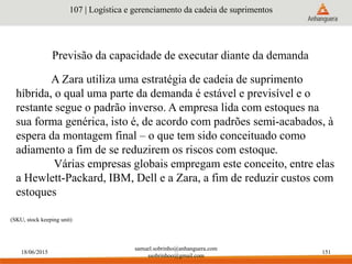 18/06/2015
samuel.sobrinho@anhanguera.com
ssobrinhoo@gmail.com
151
Previsão da capacidade de executar diante da demanda
107 | Logística e gerenciamento da cadeia de suprimentos
A Zara utiliza uma estratégia de cadeia de suprimento
híbrida, o qual uma parte da demanda é estável e previsível e o
restante segue o padrão inverso. A empresa lida com estoques na
sua forma genérica, isto é, de acordo com padrões semi-acabados, à
espera da montagem final – o que tem sido conceituado como
adiamento a fim de se reduzirem os riscos com estoque.
Várias empresas globais empregam este conceito, entre elas
a Hewlett-Packard, IBM, Dell e a Zara, a fim de reduzir custos com
estoques
(SKU, stock keeping unit)
 