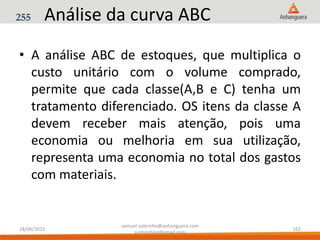 Análise da curva ABC
• A análise ABC de estoques, que multiplica o
custo unitário com o volume comprado,
permite que cada classe(A,B e C) tenha um
tratamento diferenciado. OS itens da classe A
devem receber mais atenção, pois uma
economia ou melhoria em sua utilização,
representa uma economia no total dos gastos
com materiais.
255
18/06/2015
samuel.sobrinho@anhanguera.com
ssobrinhoo@gmail.com
162
 